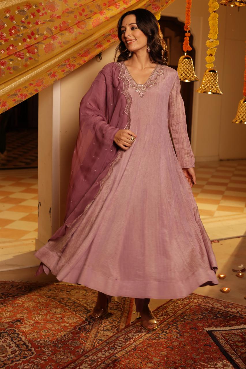 Tissue anarkali suit with contrast mauve dupatta