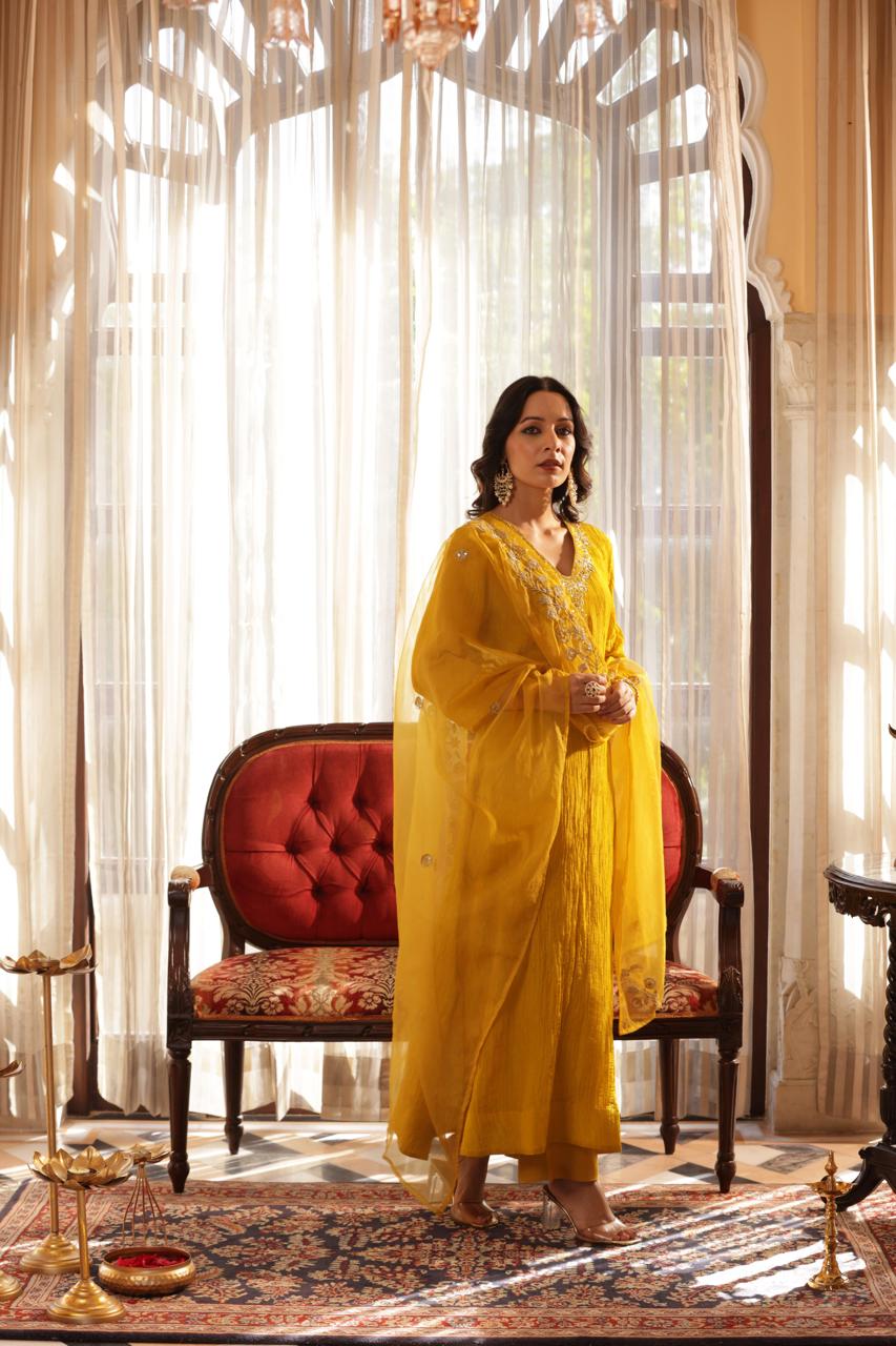 Turmeric yellow tissue A-Line suit with organza dupatta