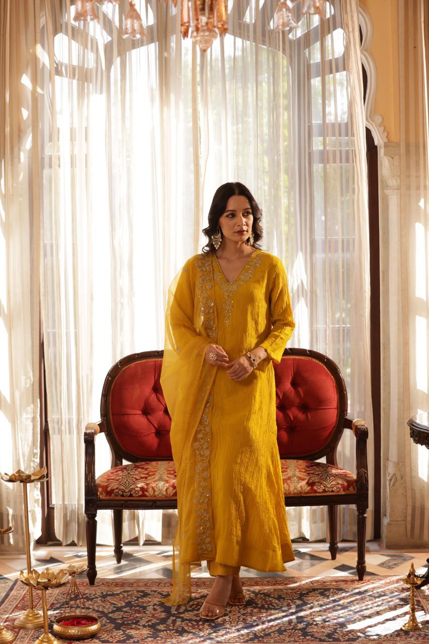 Turmeric yellow tissue A-Line suit with organza dupatta
