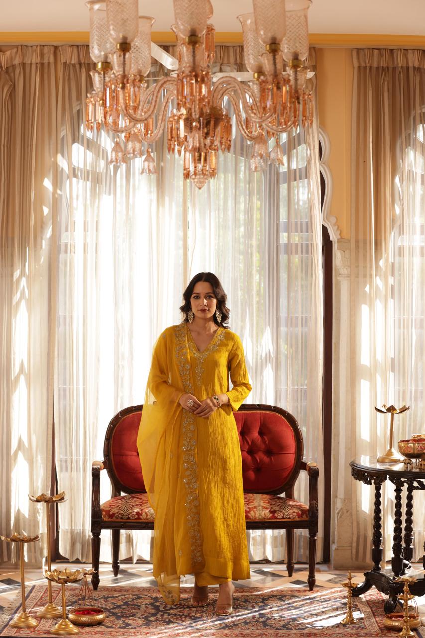 Turmeric yellow tissue A-Line suit with organza dupatta