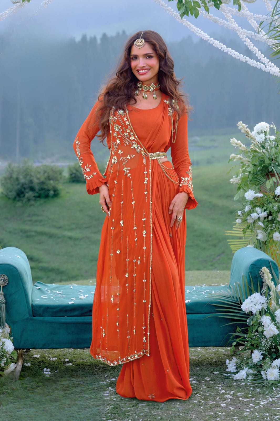 Meher Embroided side jacket drape saree with necklace