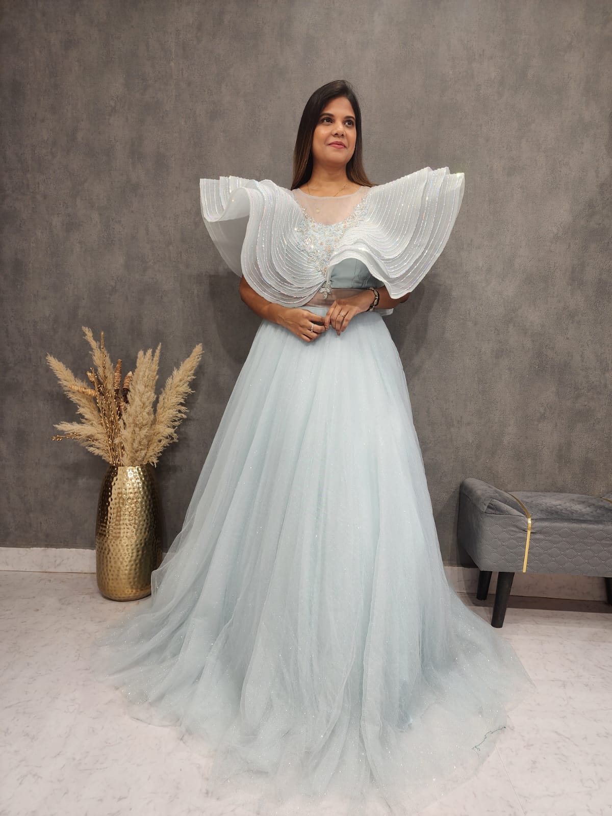 Sky blue butterfly neck flary gown