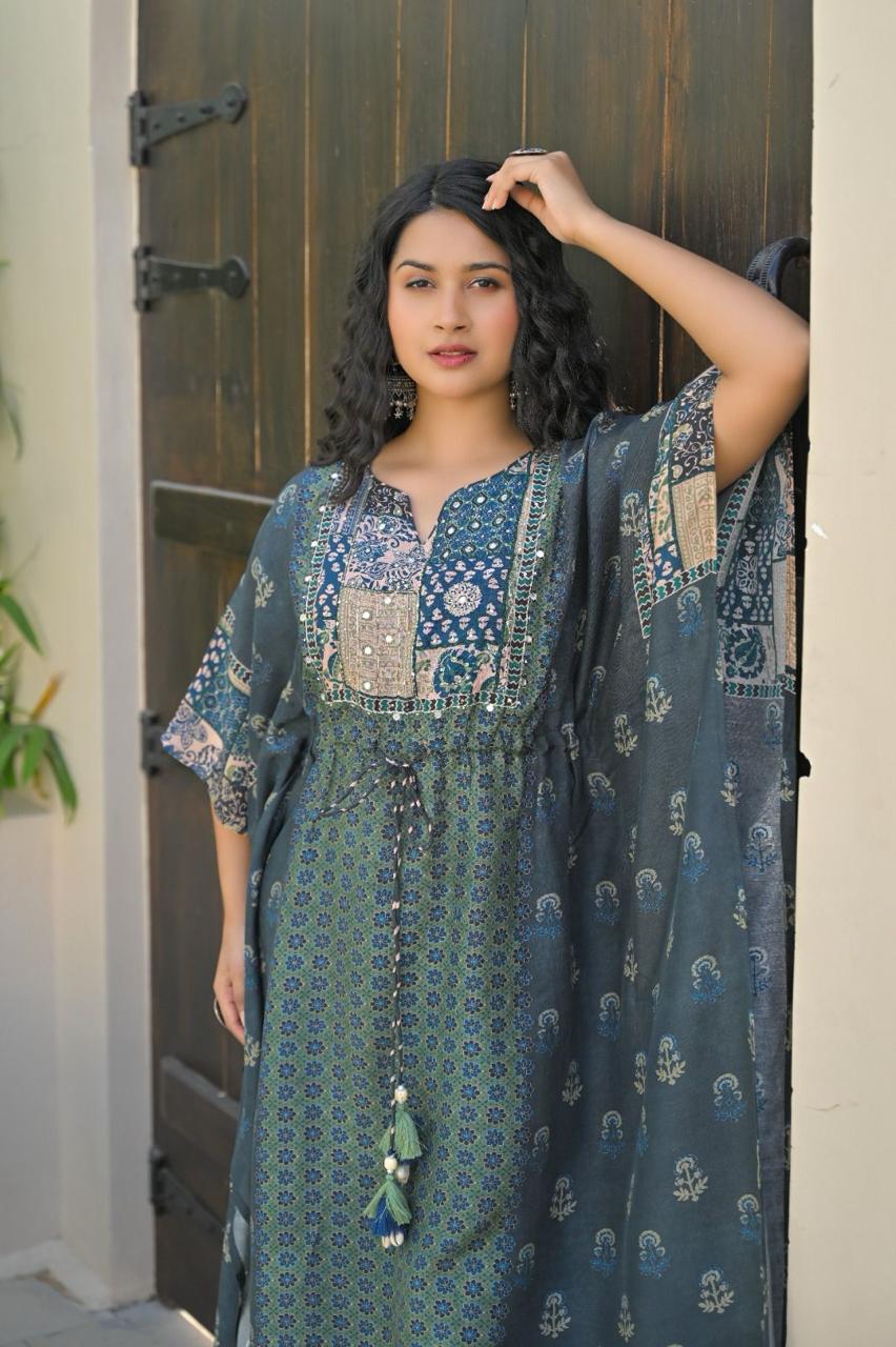 Pastel Shades of blue knotted kaftan set