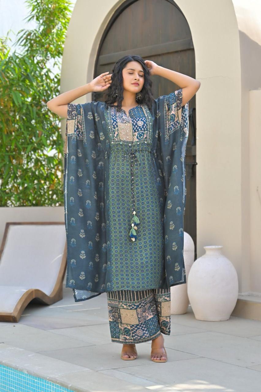 Pastel Shades of blue knotted kaftan set