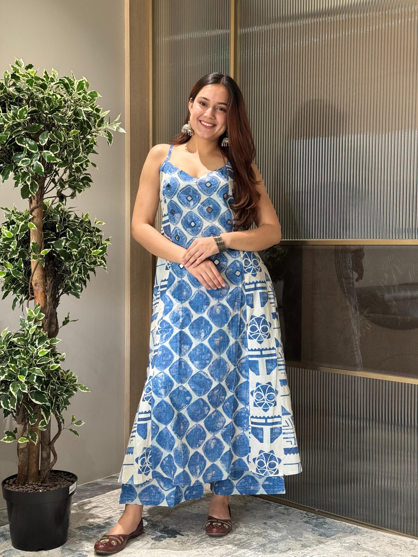 Indigo step A line cotton co-ord set
