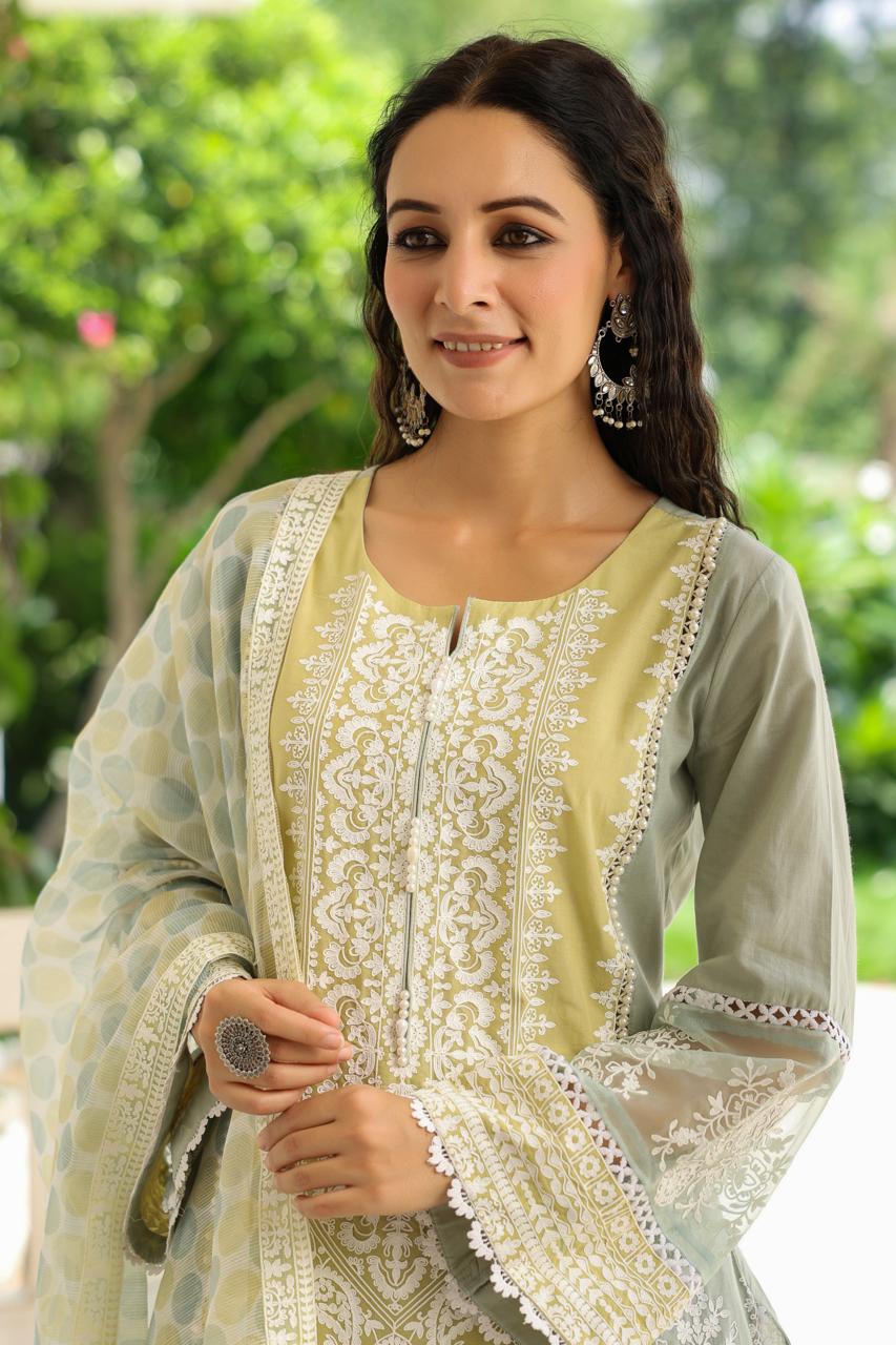 Yellow green combination pakistani cotton suit