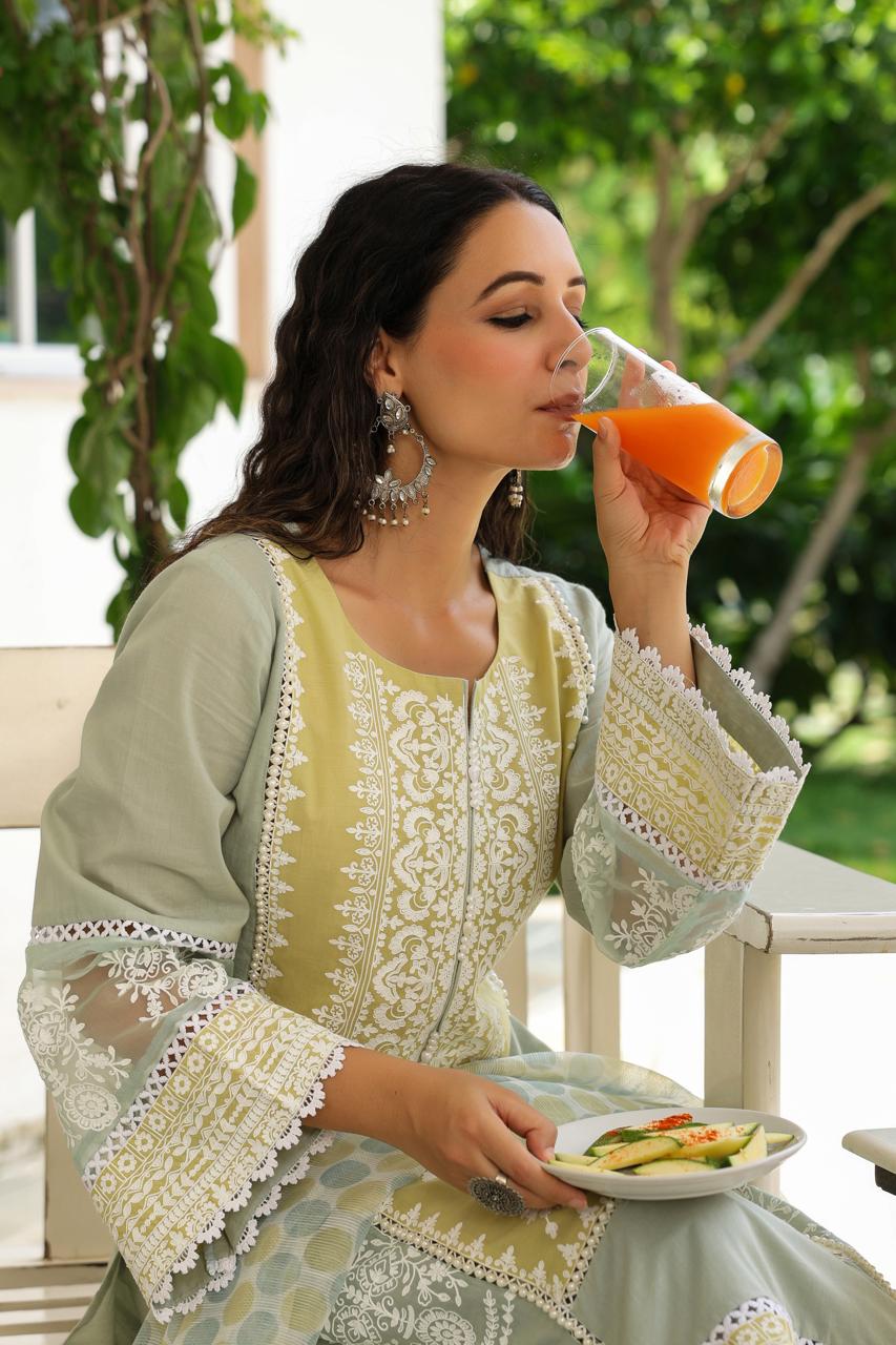 Yellow green combination pakistani cotton suit