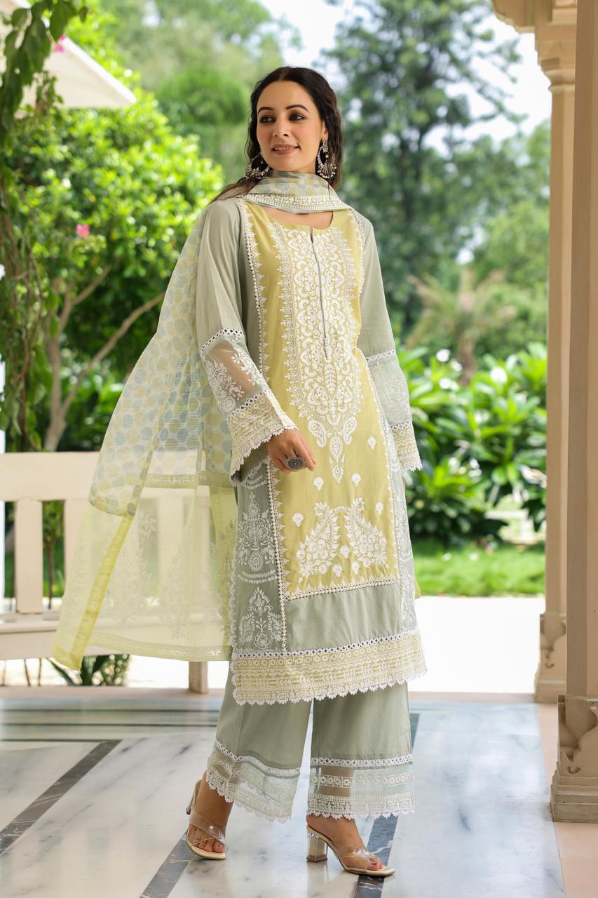 Yellow green combination pakistani cotton suit