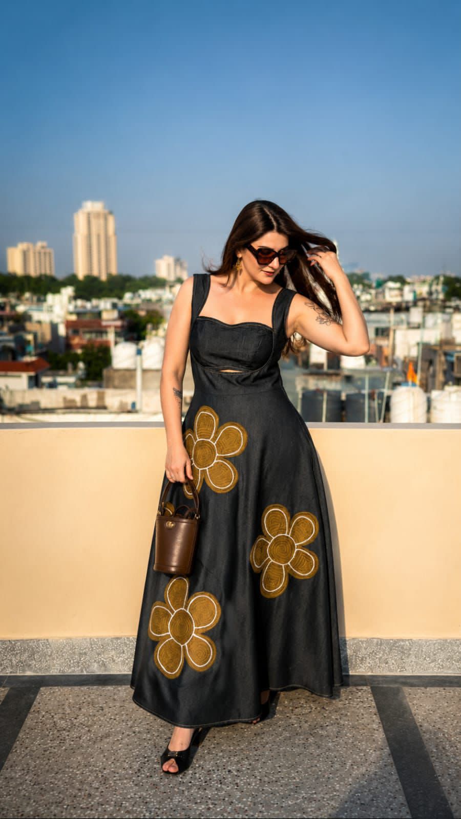 Floral bustier denim midi