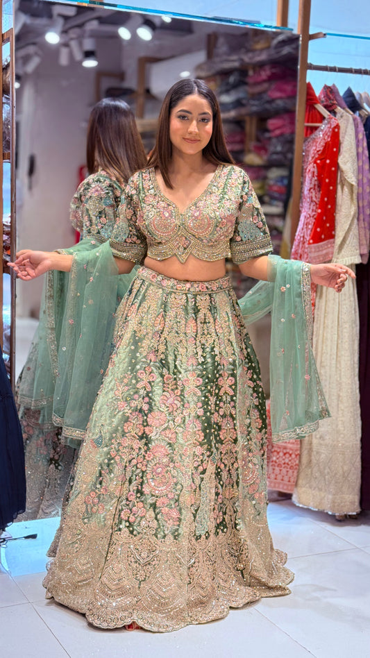 Sea green micro velvet embroided lehenga set