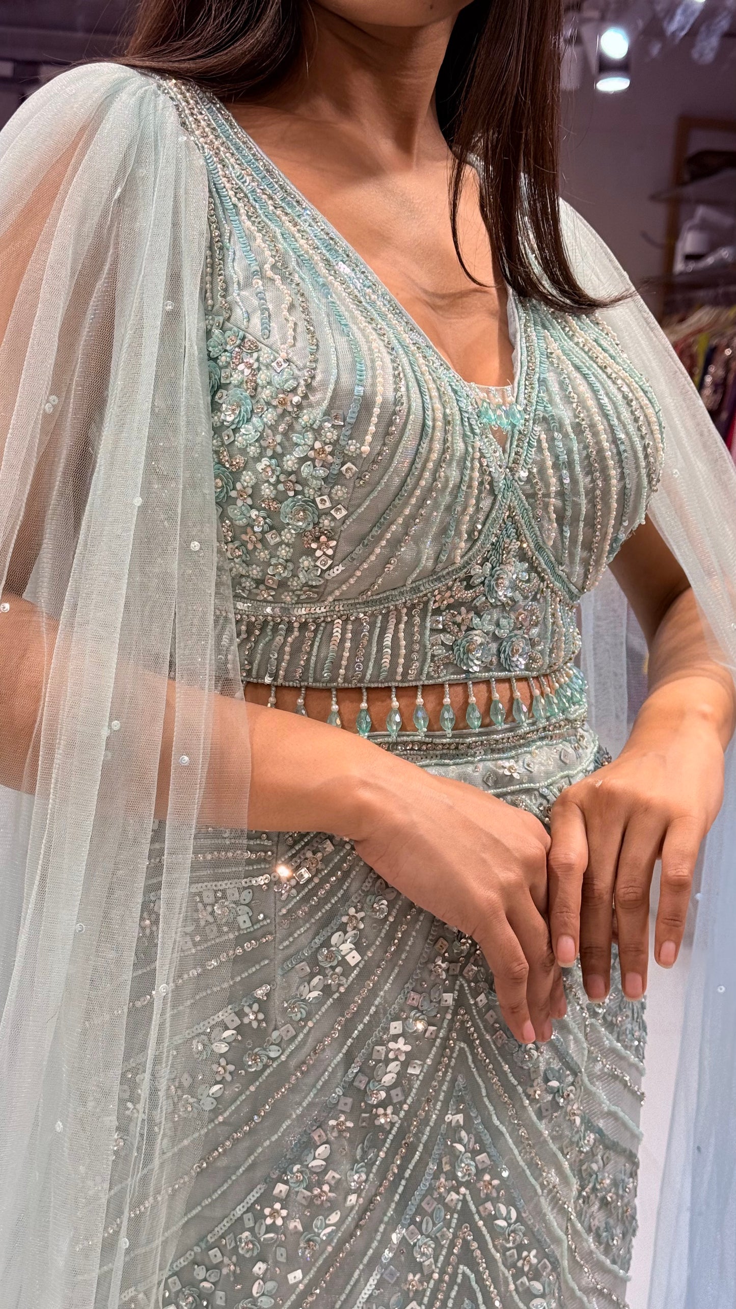 Aqua blue fish cut jimmy choo lehenga set