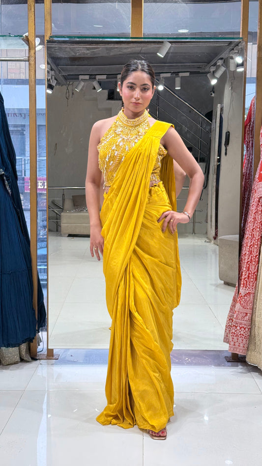 Yellow halter neck drape saree
