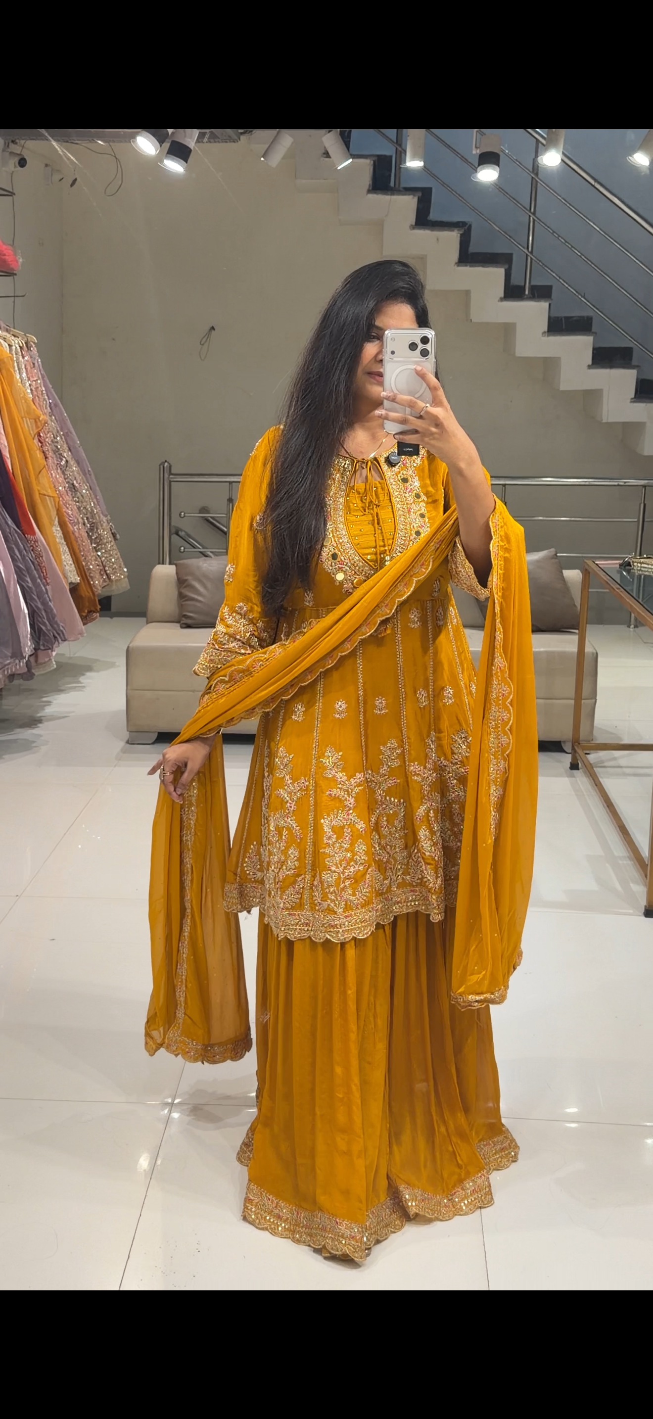 Mustard yellow short anarkali suit with skirt