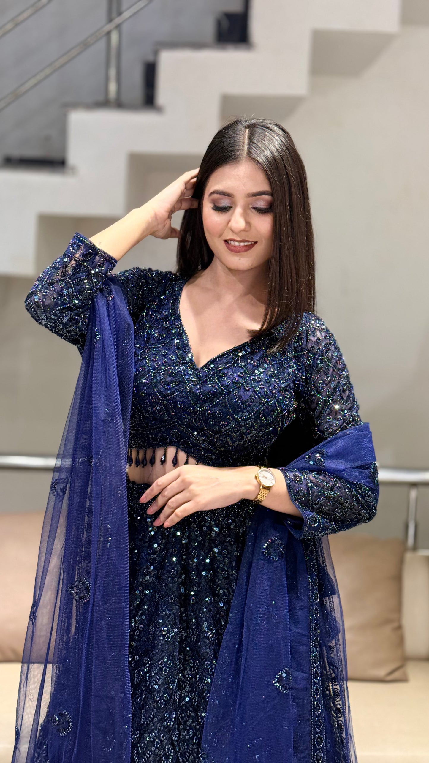 Nazakat blue beads lehenga set