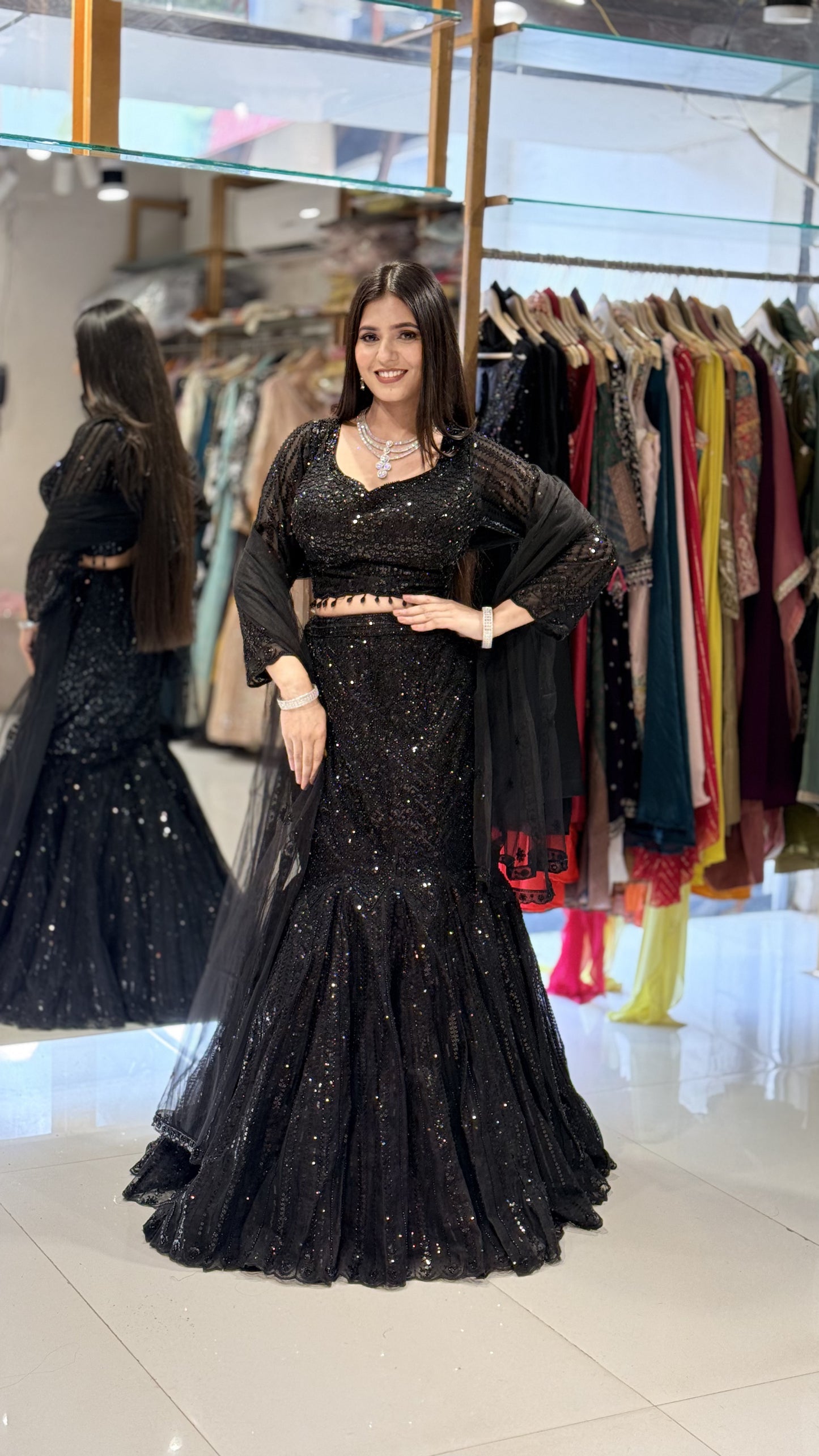Mahira black embellished fishcut lehenga