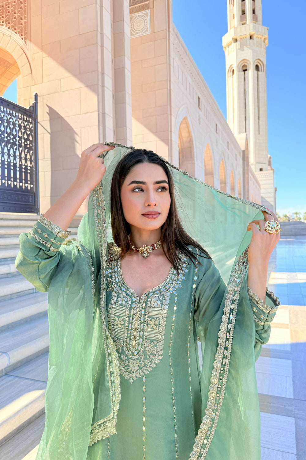 Green gotapatti printed tulip set