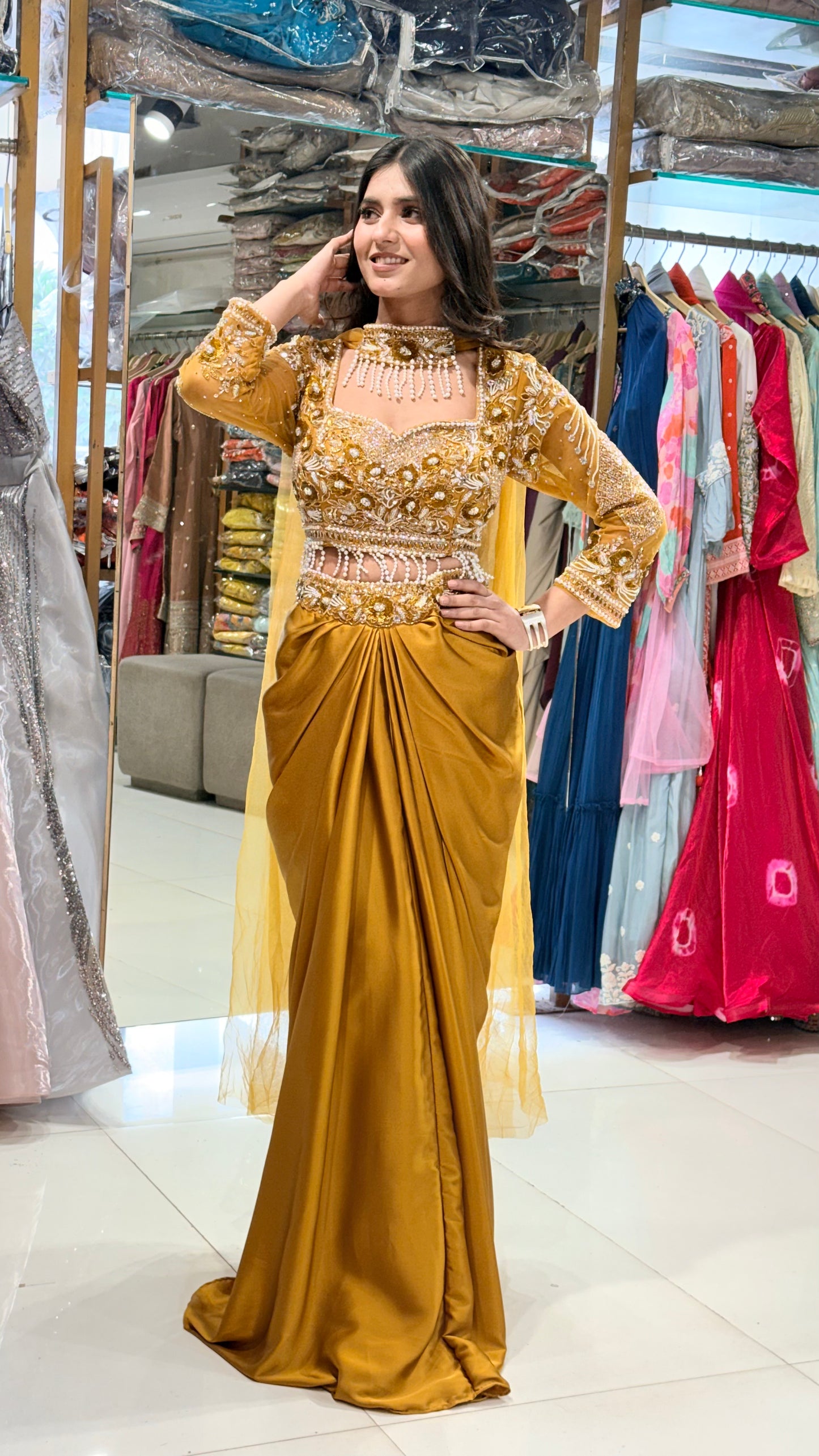 Mermaid yellow indowestern dress