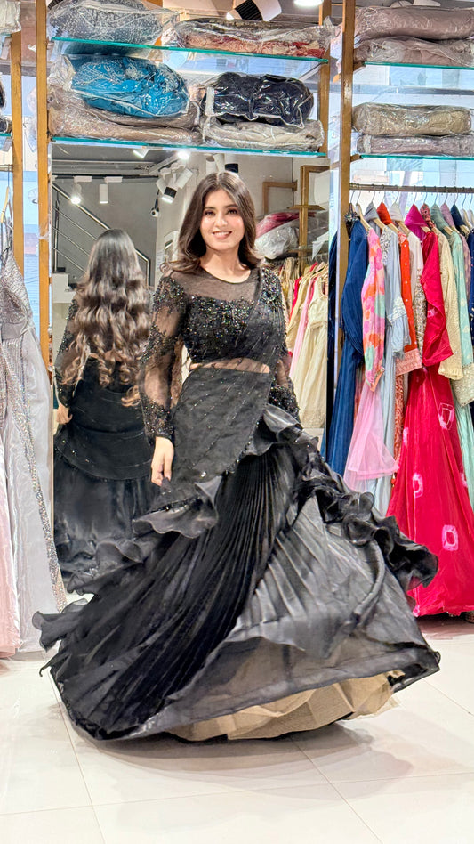 Mahima black drape indowestern lehenga set