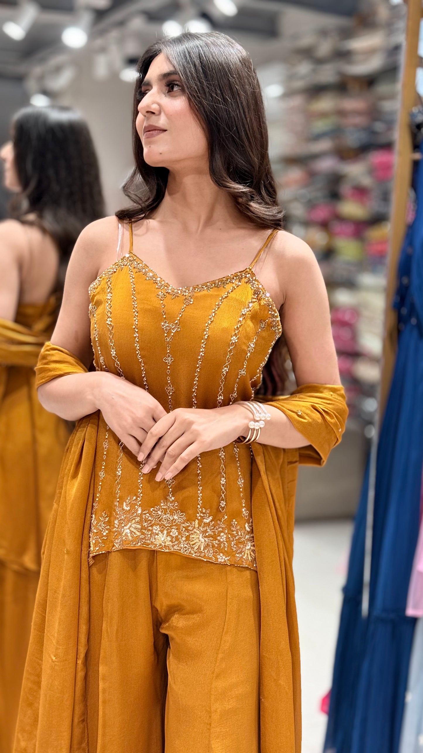 Mustard yellow step indowestern dress
