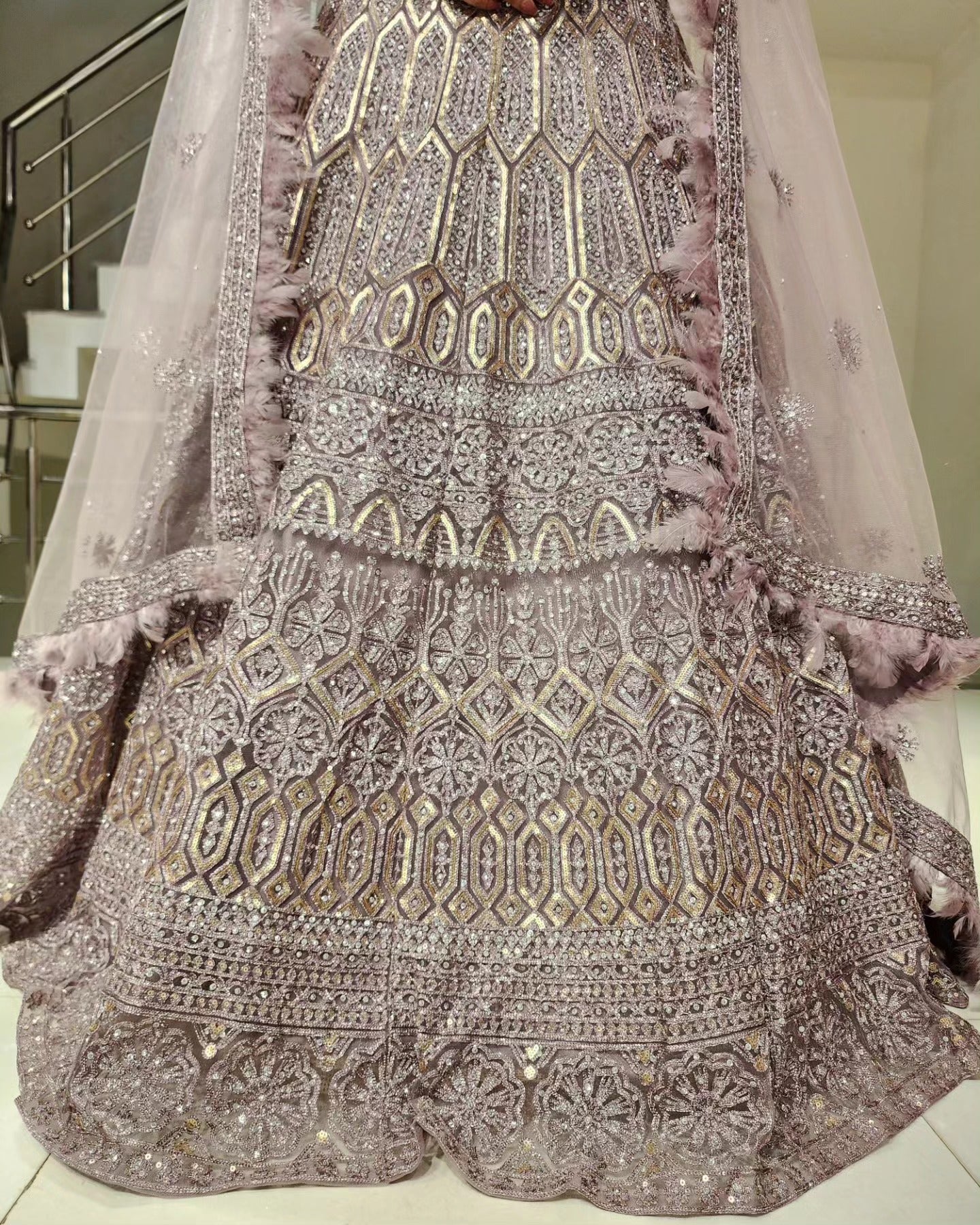 SAADGI ONION PINK FLARED GOWN WITH FEATHER DUPATTA