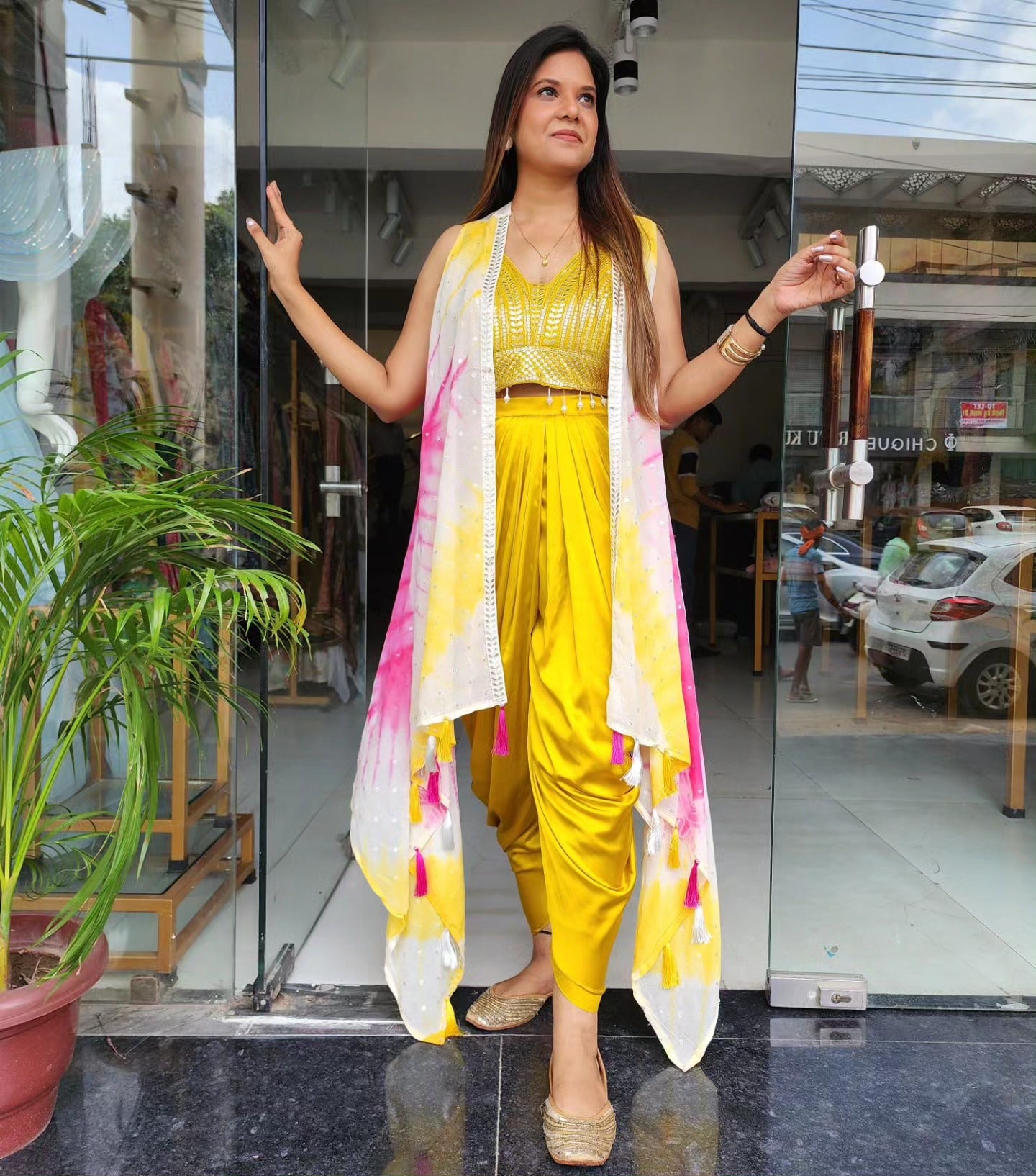 SHIBORI JACKET WITH YELLOW TULIP PANT