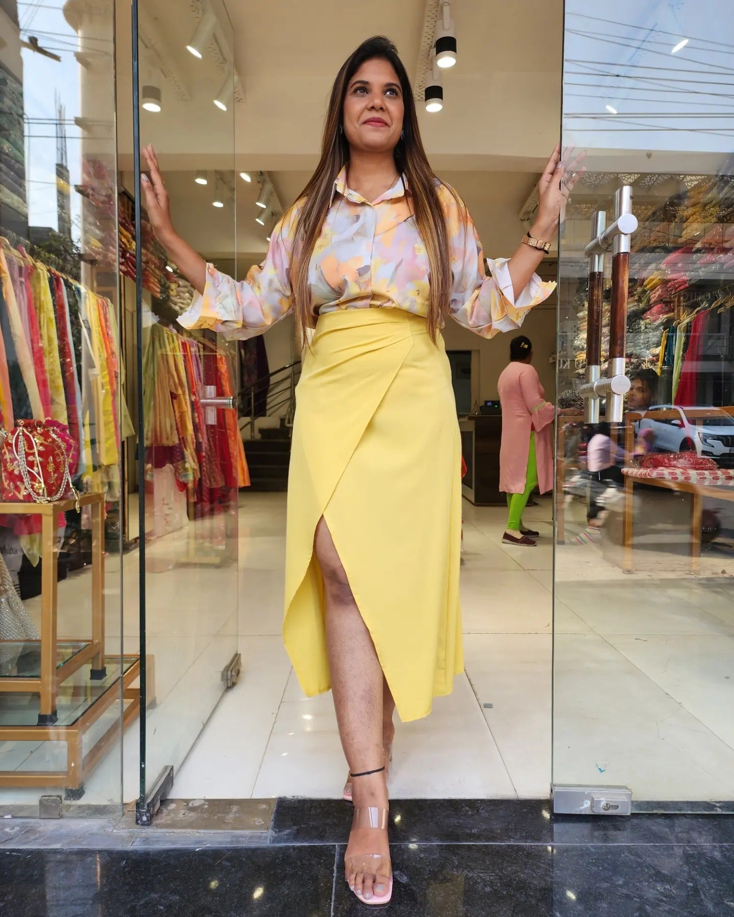 YELLOW PRINTED SATIN SHIRT WITH SKIRT