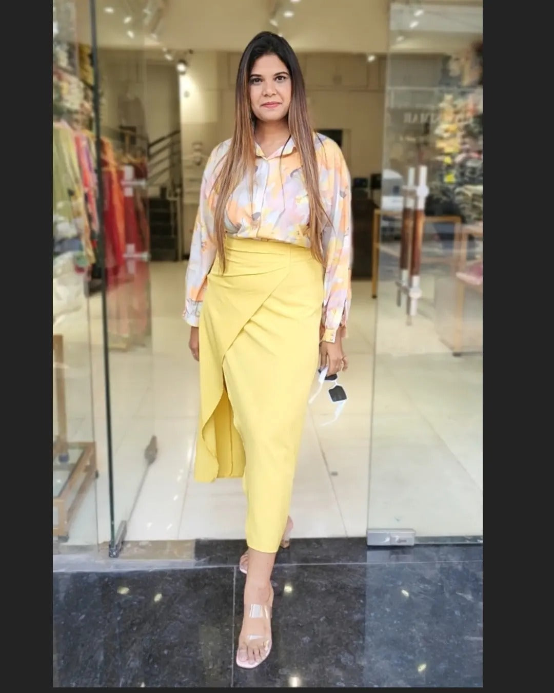 YELLOW PRINTED SATIN SHIRT WITH SKIRT