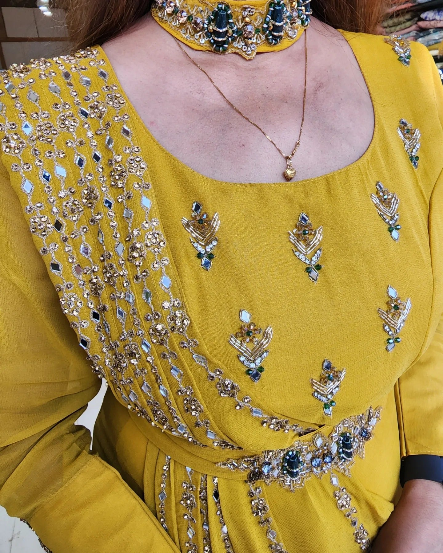 Mustard drape maxi with necklace and belt