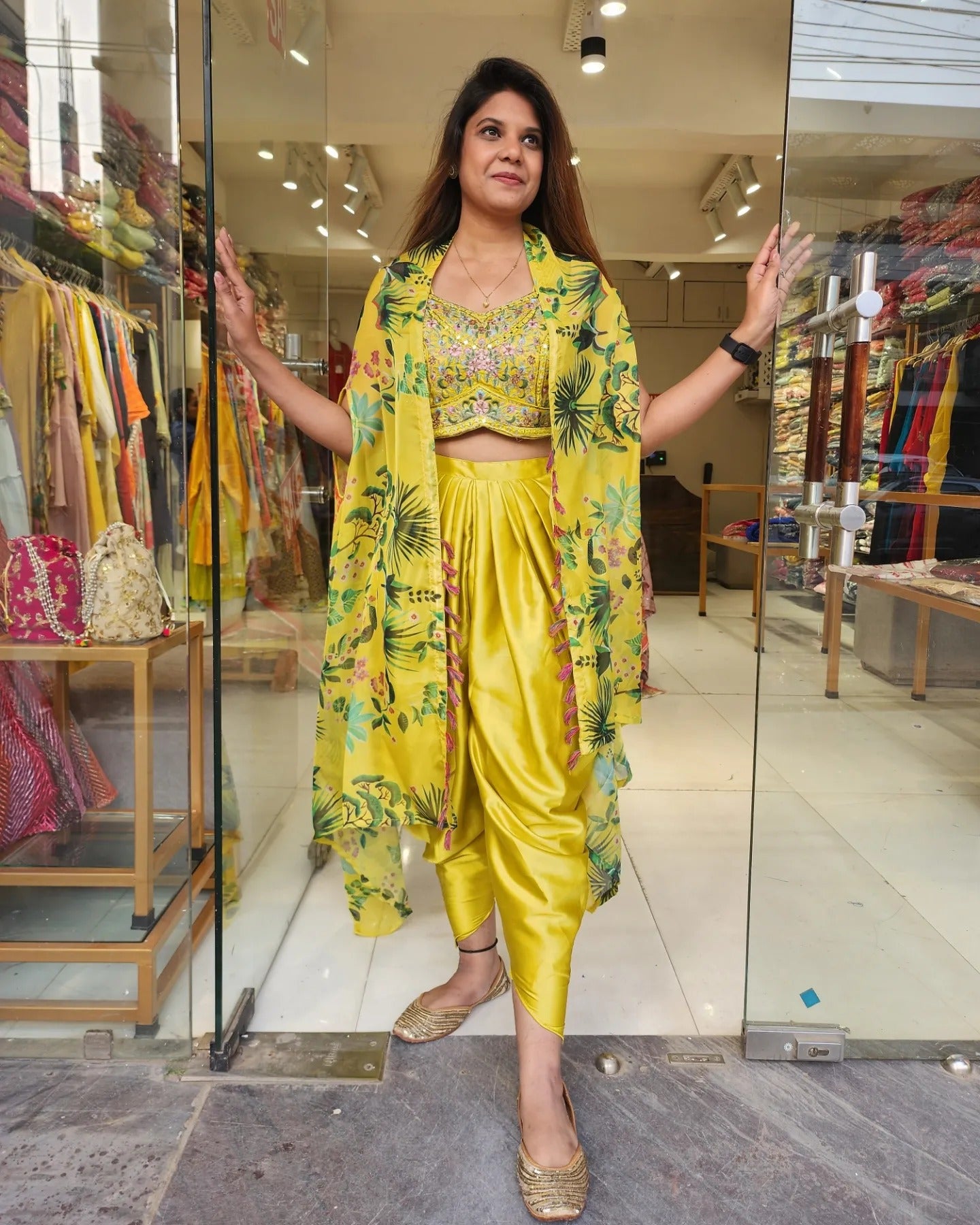 YELLOW BEACH PRINT TULIP PANT INDO WESTERN