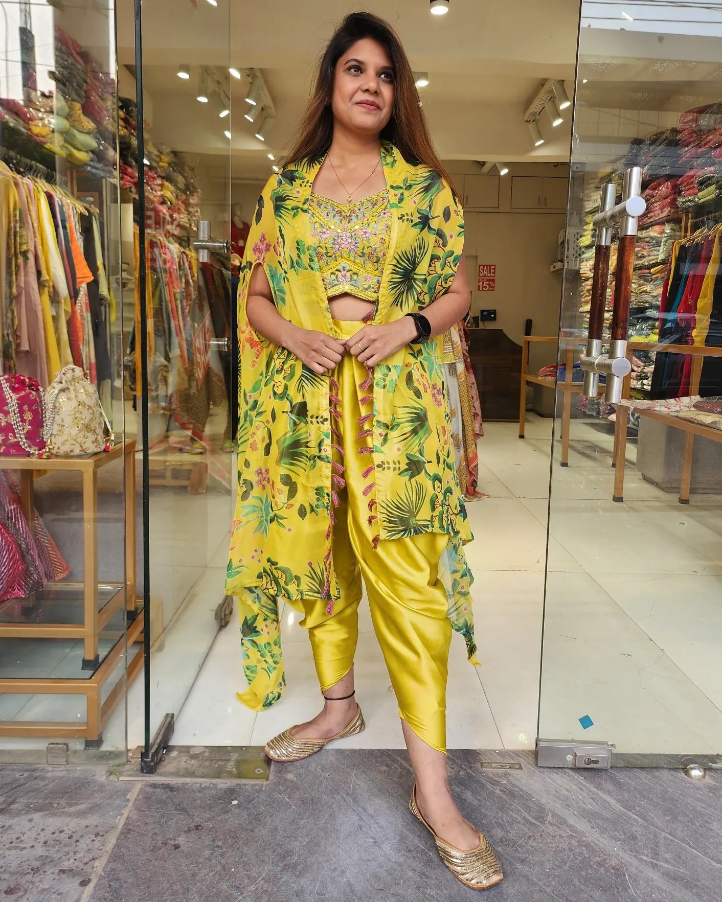 YELLOW BEACH PRINT TULIP PANT INDO WESTERN