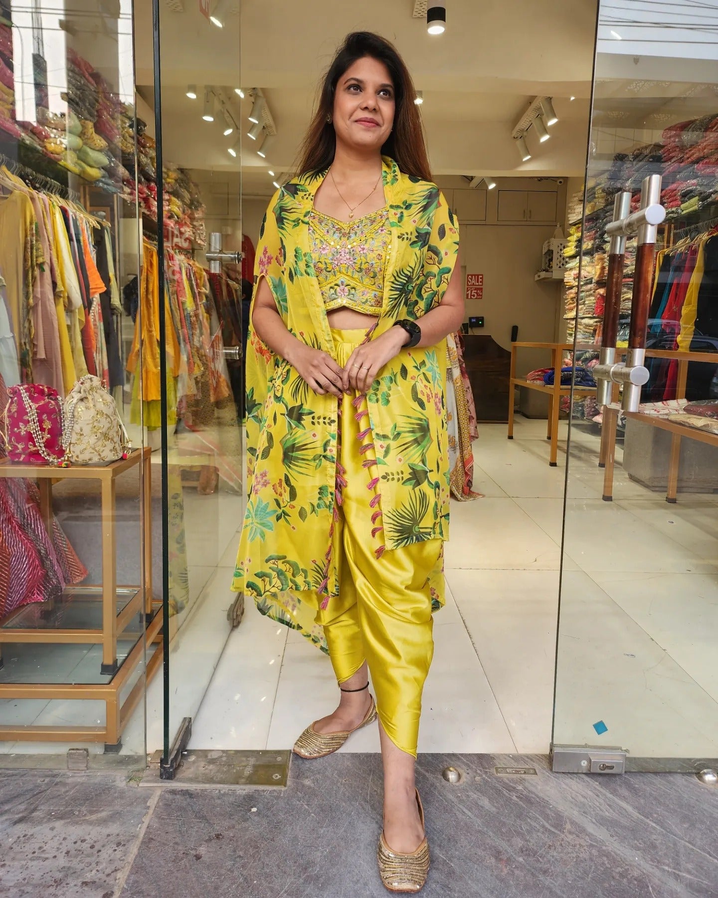 YELLOW BEACH PRINT TULIP PANT INDO WESTERN
