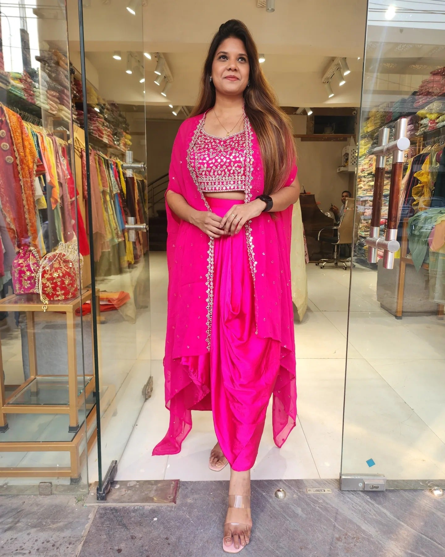 Hot pink satin tulip pant indo western
