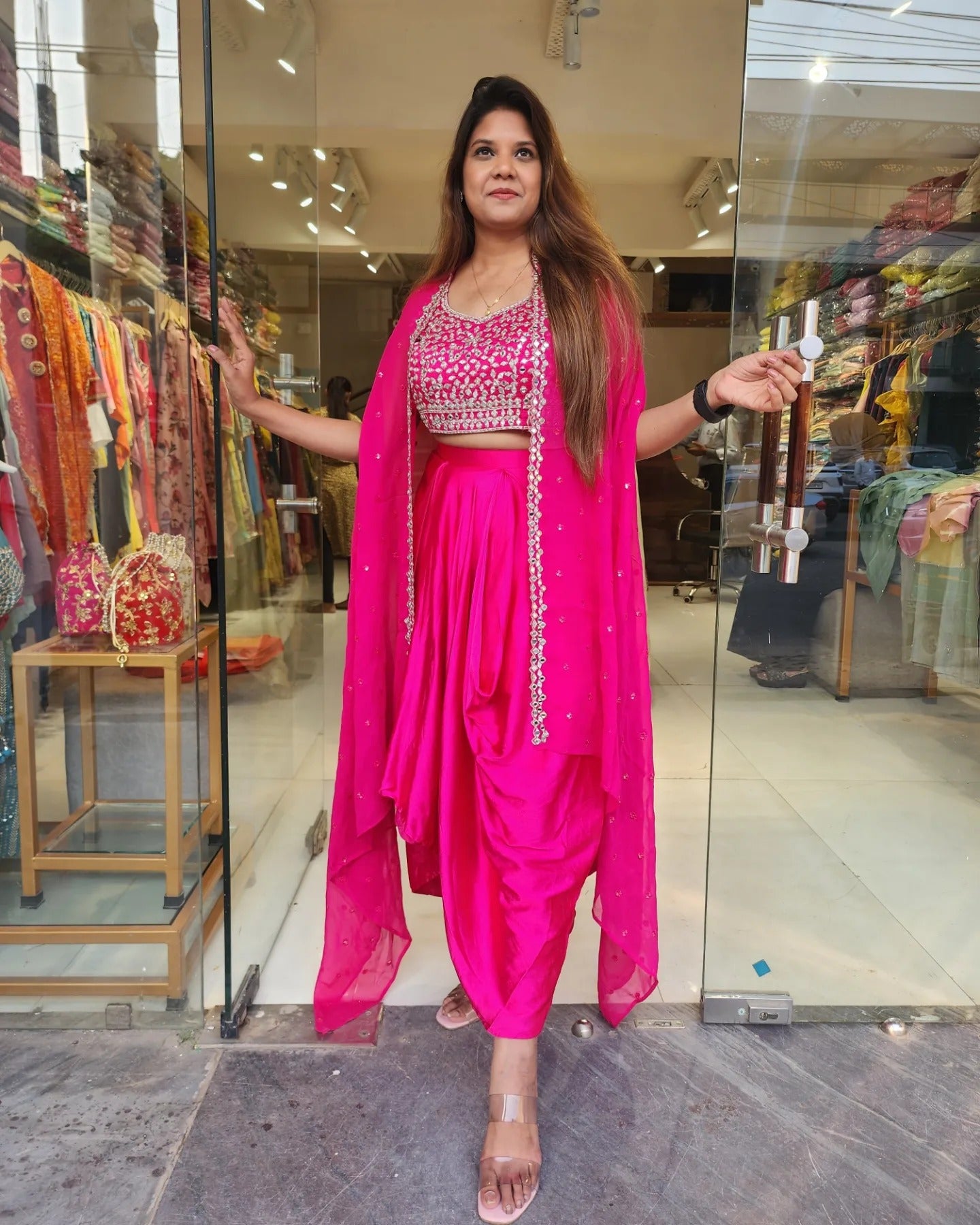 Hot pink satin tulip pant indo western