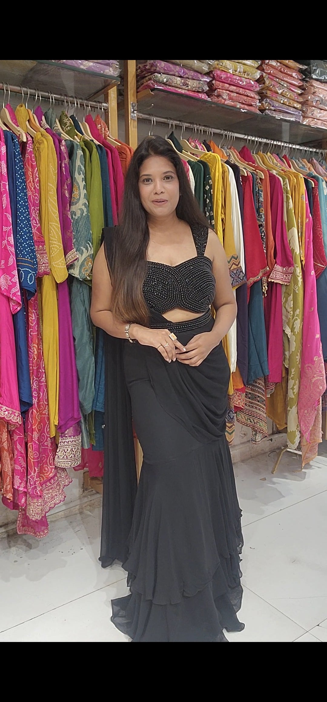 Black drape beads fish cut saree