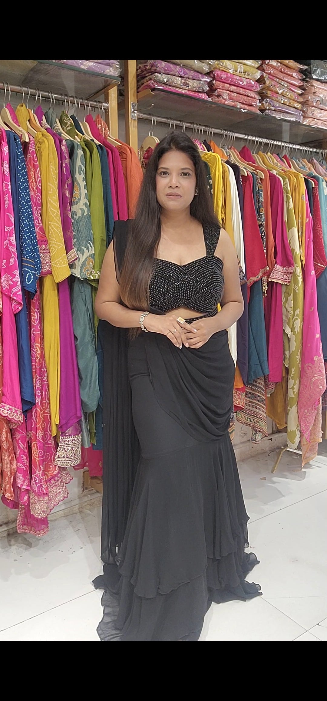 Black drape beads fish cut saree