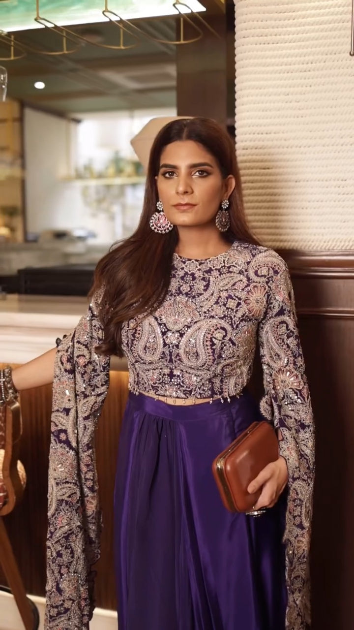 Jeenat Purple long belle cutwork sleeves with cowl skirt
