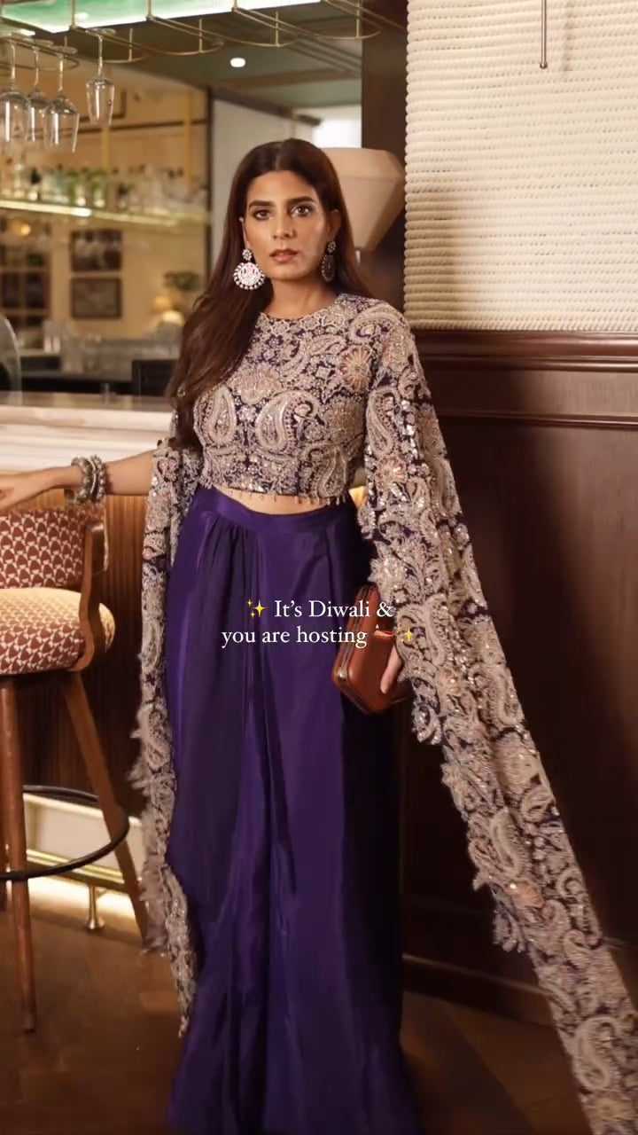 Jeenat Purple long belle cutwork sleeves with cowl skirt