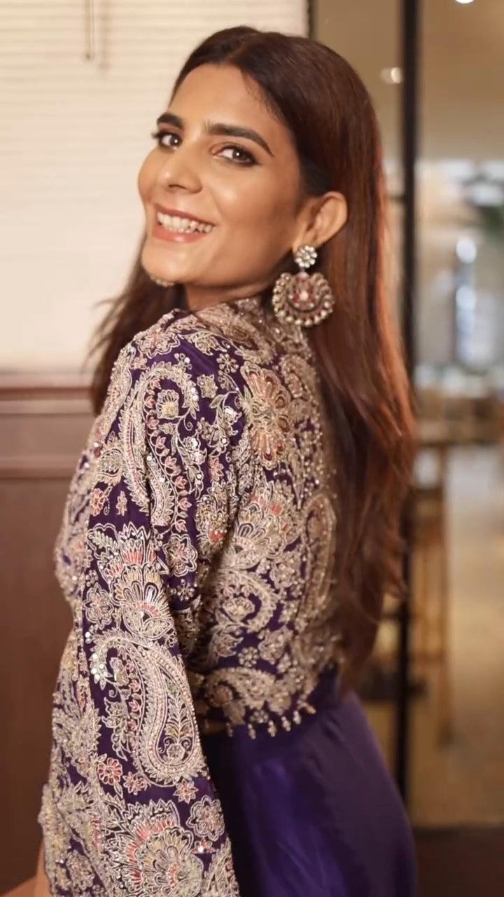 Jeenat Purple long belle cutwork sleeves with cowl skirt