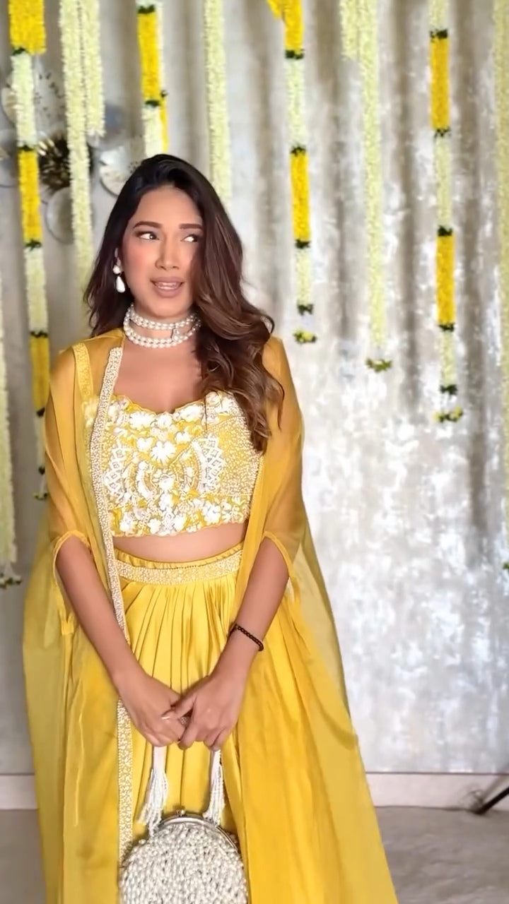 Dilkash Haldi yellow 3pc indowestern cowl dress