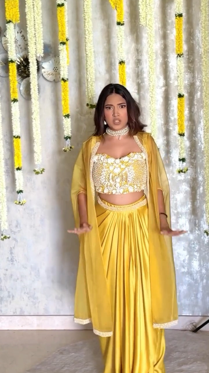 Dilkash Haldi yellow 3pc indowestern cowl dress
