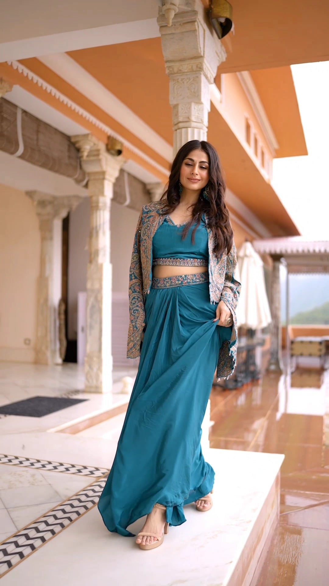 Kismat Turquoise blue 3piece cowl indowestern dress