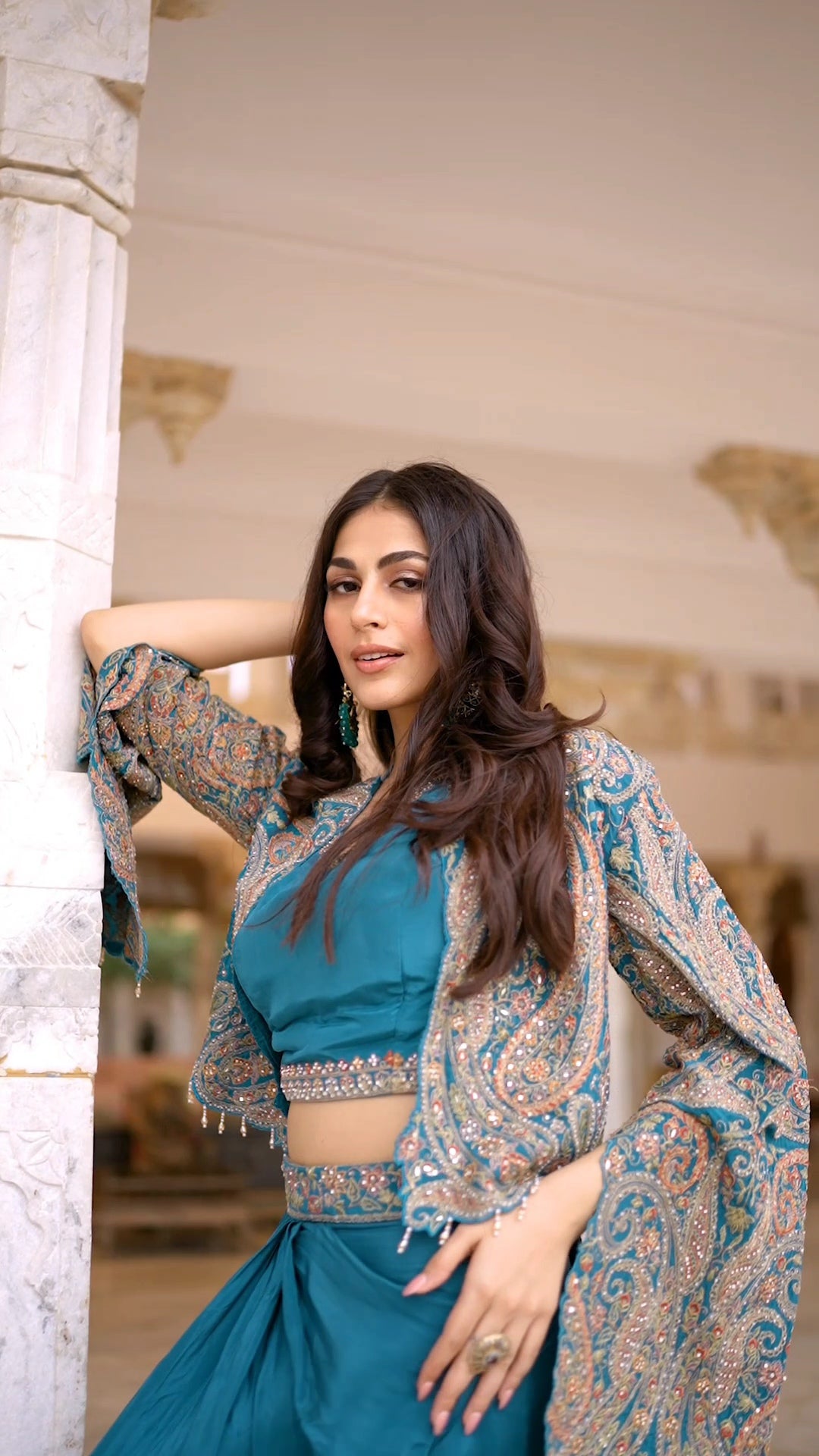 Kismat Turquoise blue 3piece cowl indowestern dress