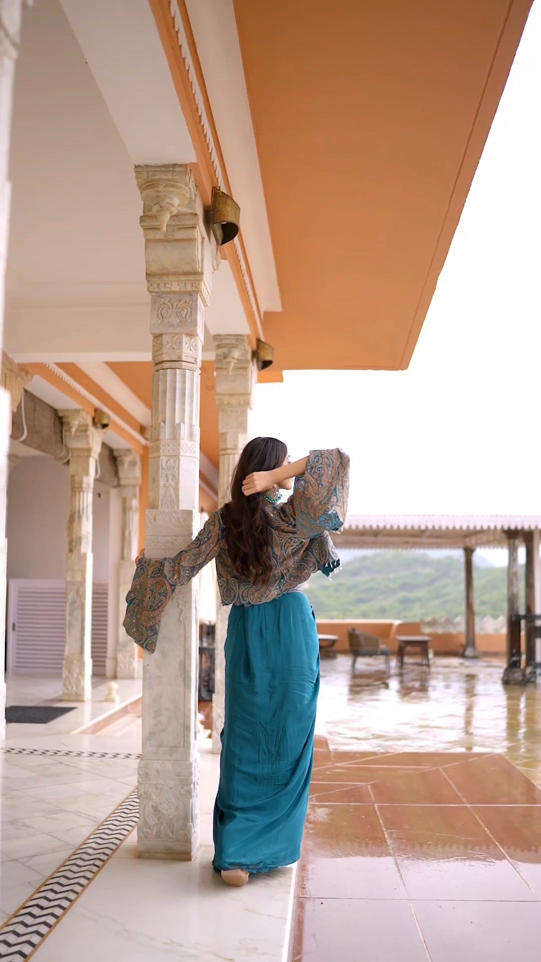 Kismat Turquoise blue 3piece cowl indowestern dress