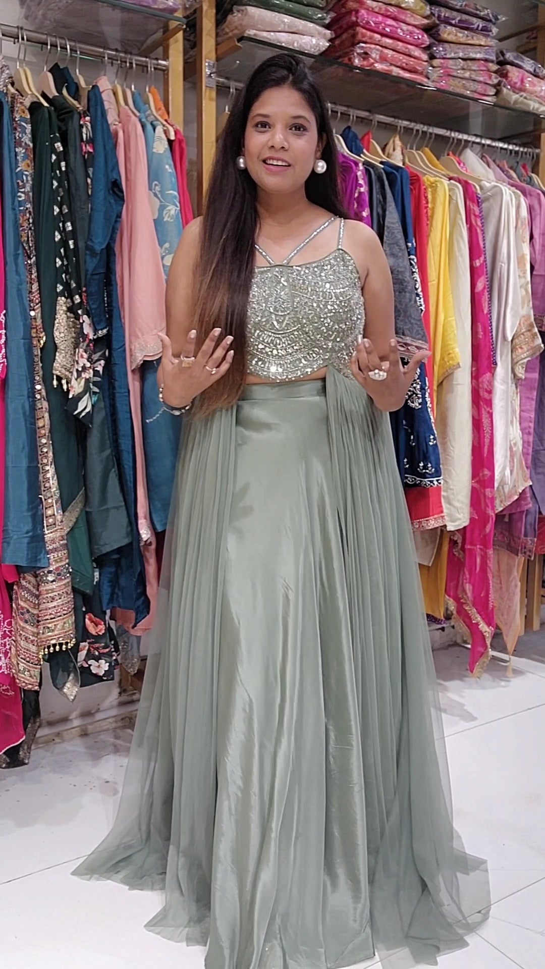 Metallick green 2piece indowestern cocktail dress