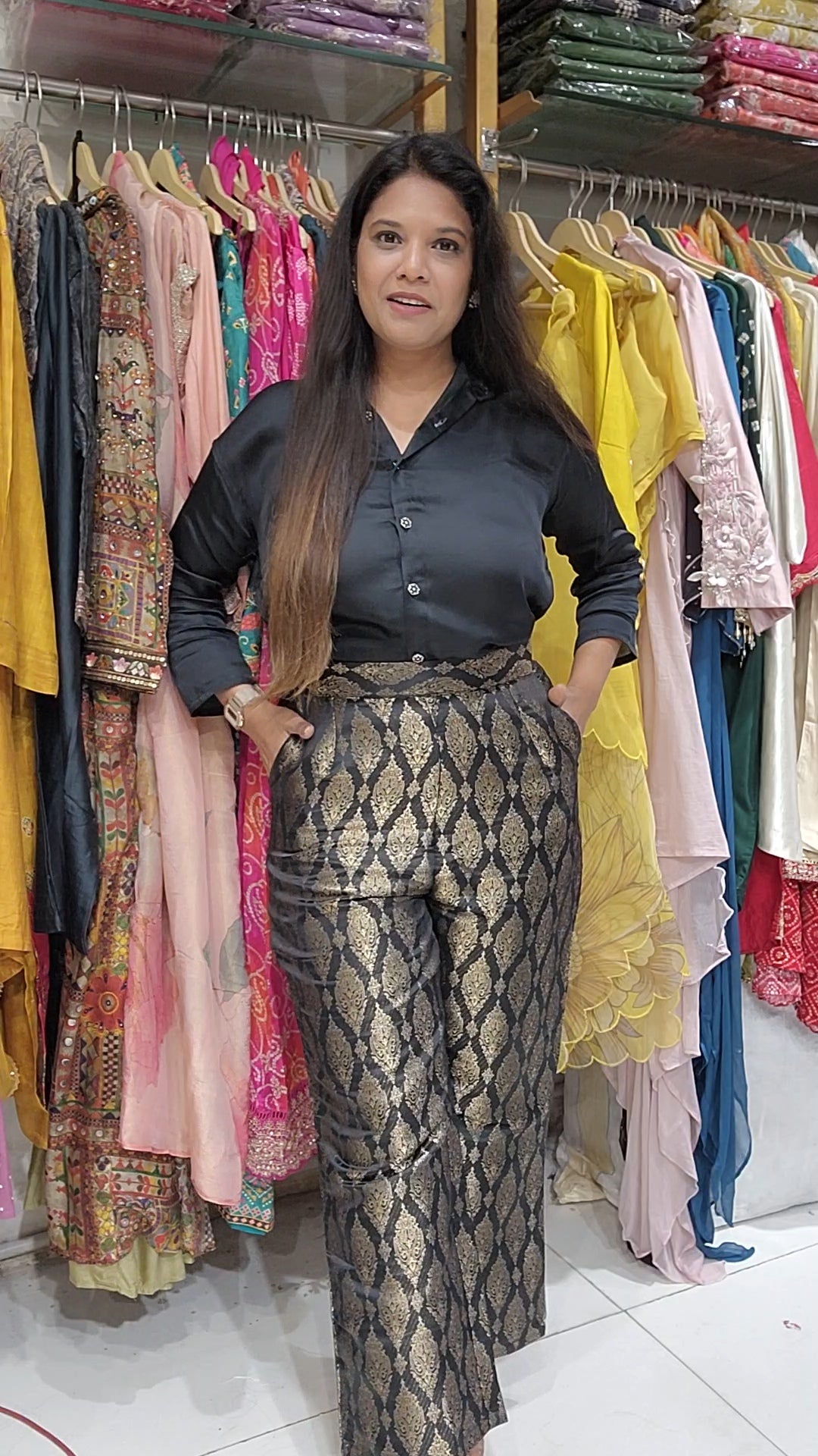 Nia Black satin shirt with brocket pant
