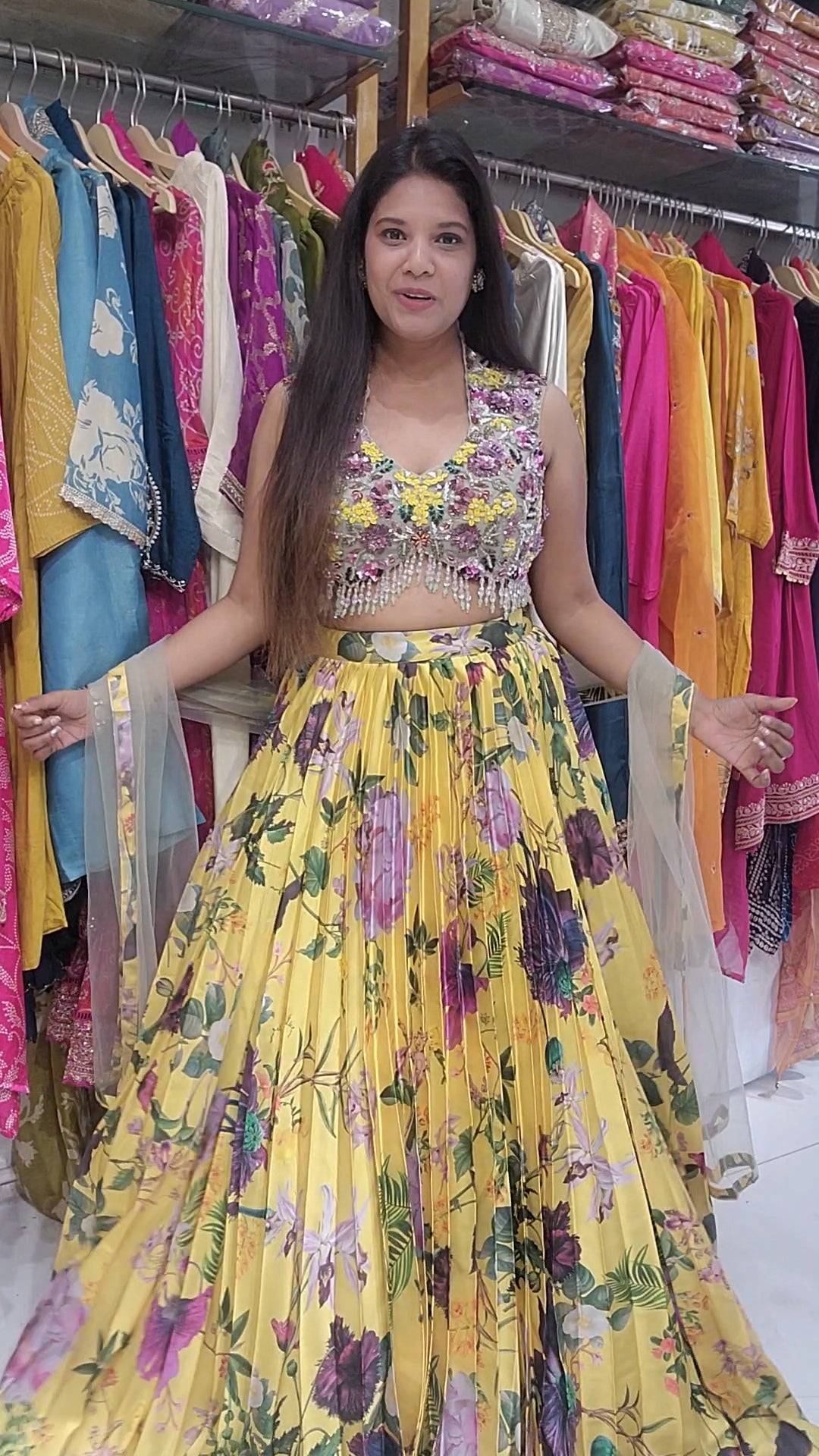 Sundowner Yellow floral designer pleated lehenga