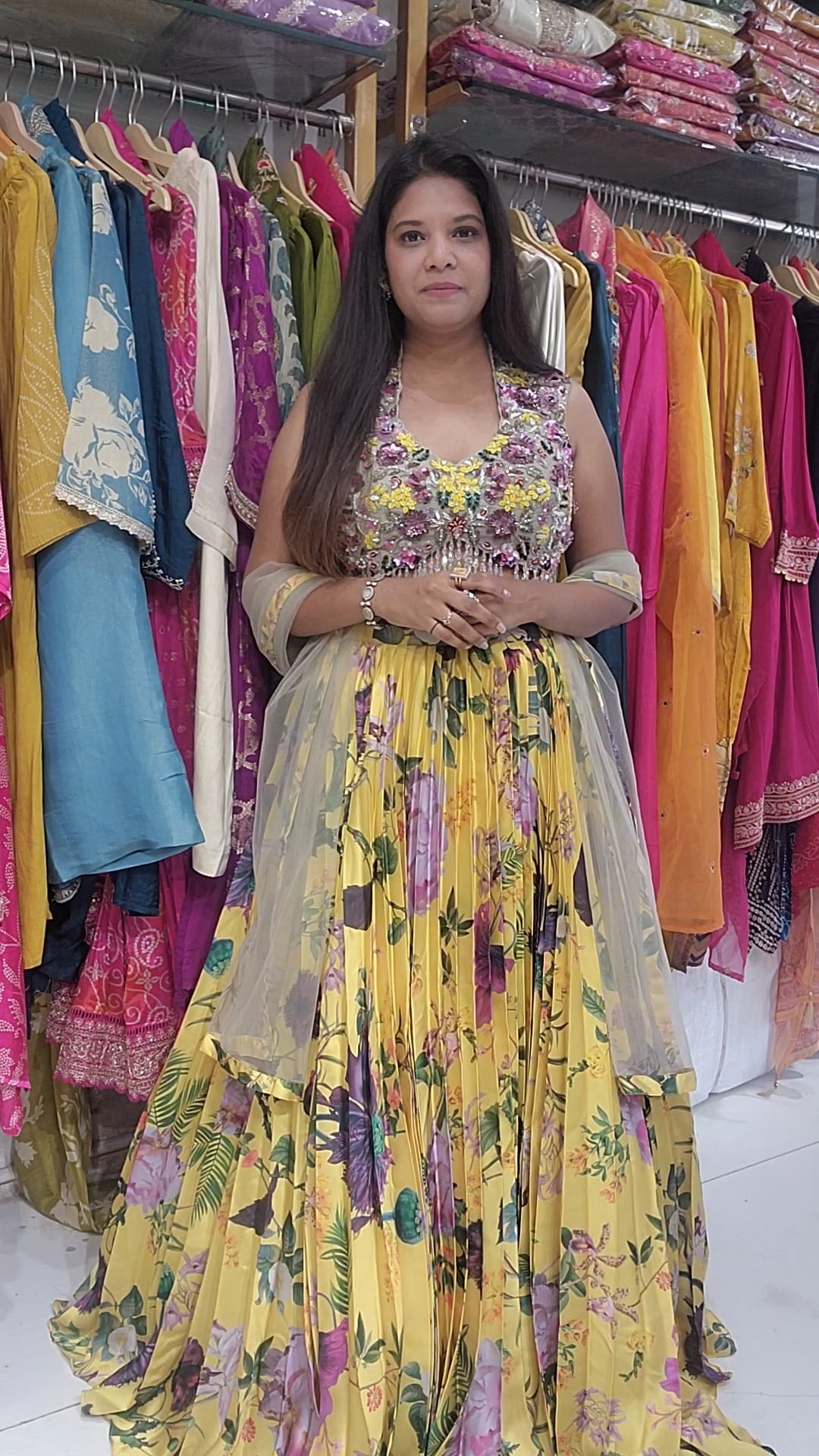 Sundowner Yellow floral designer pleated lehenga