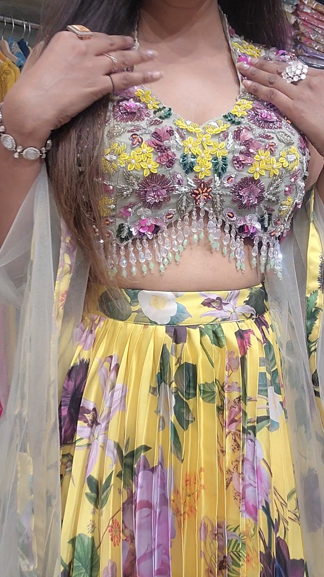 Sundowner Yellow floral designer pleated lehenga