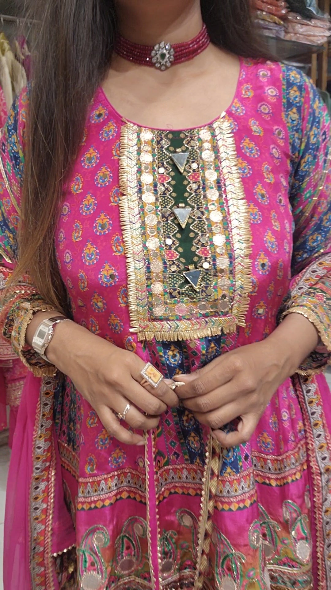 Rubab Hotpink digital print short anarkali with dhoti and potli bag