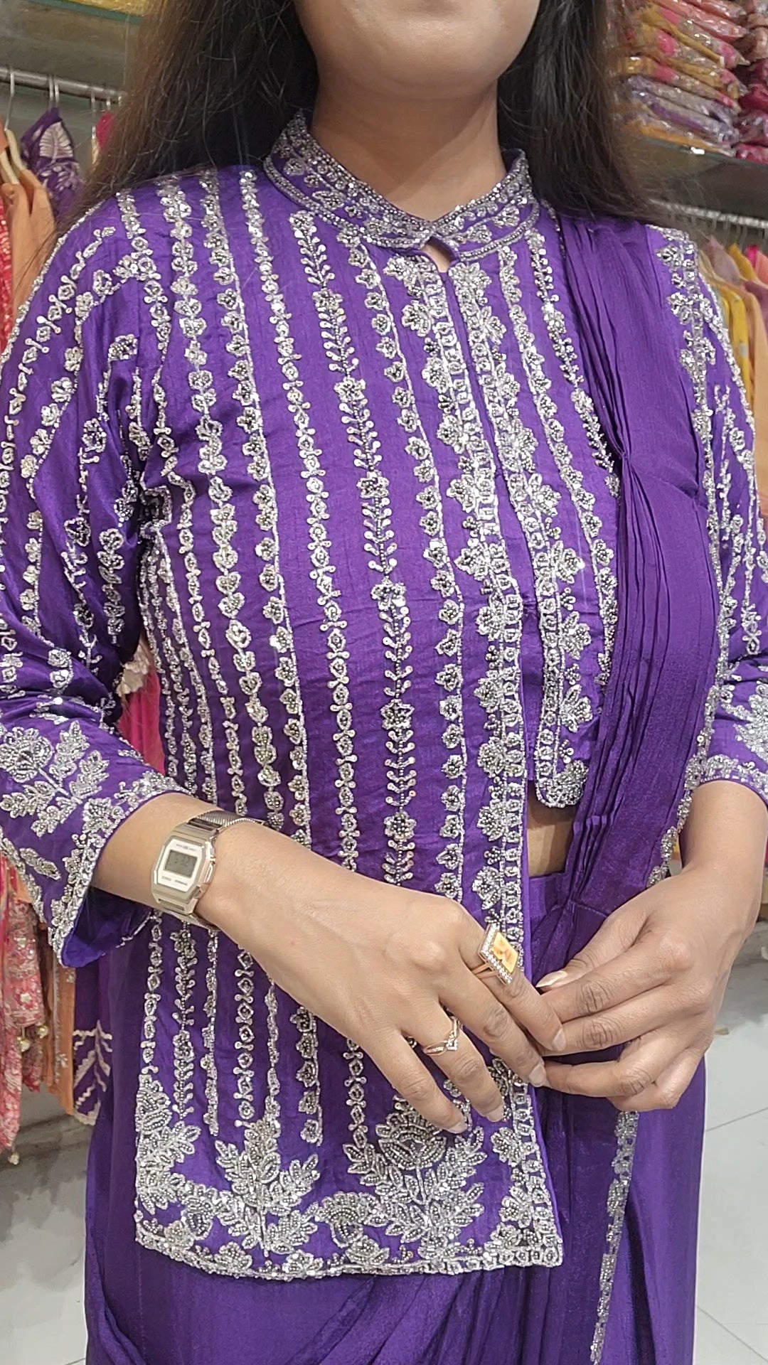 Madhuri purple high low drape saree